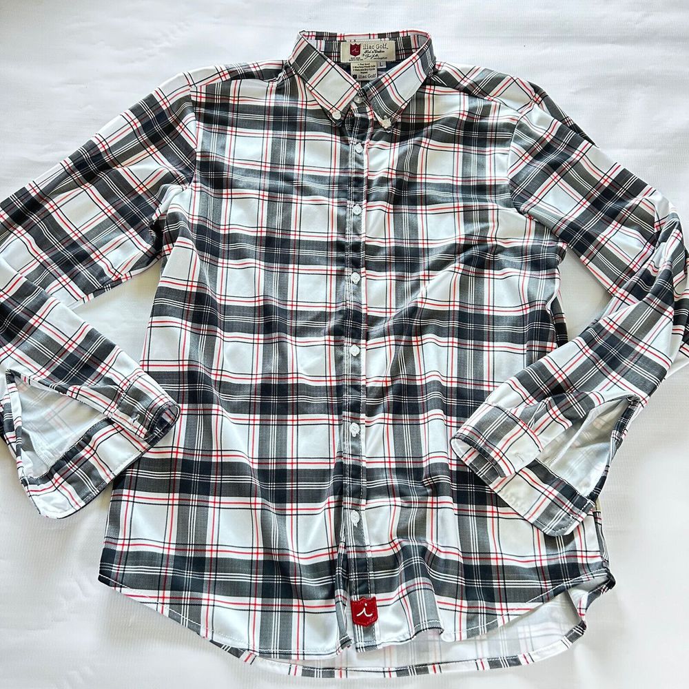Iliac Men’s Long Sleeve Golf Shirt Collared Button Up Plaid Red White Black Larg
